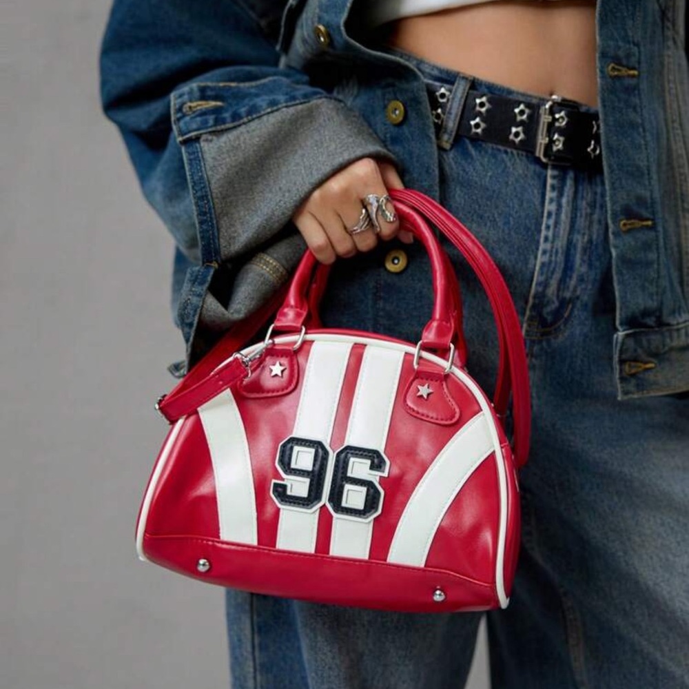 Red and White Striped Dome Satchel Bag w. '96' Patch - Picture 4 of 11
